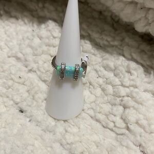 Silver Opal Bar Ring with Green-Blue Fire